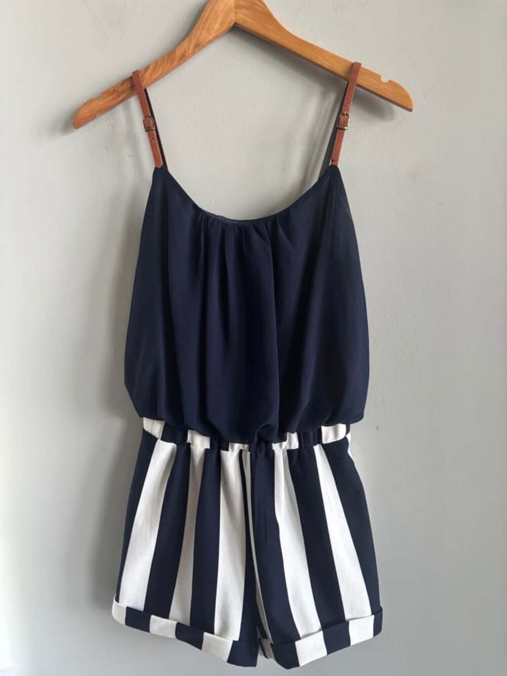 Double Zero Navy Blue & White Striped Cuffed Romper - Size S